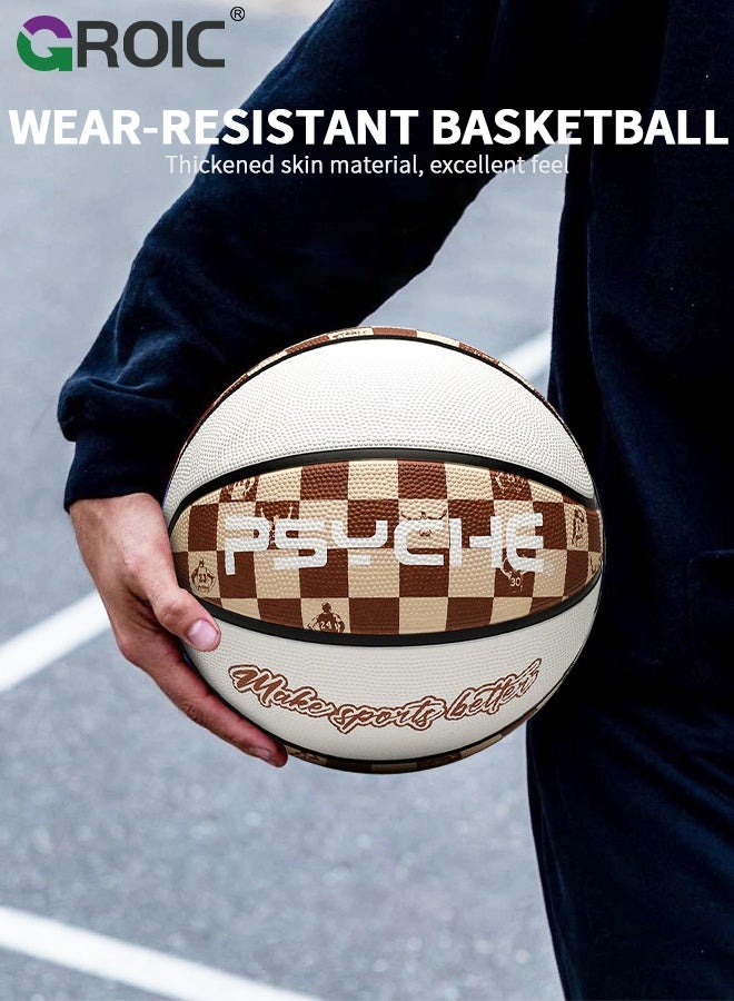 GROIC Basketball,  Classic Checkerboard Size 7 Basketball, Brown and White Design, Deep Channel Construction and Durability, Perfect for Basketball Training and Equipment Practice, Outdoor Rubber Basketballs - Image 2